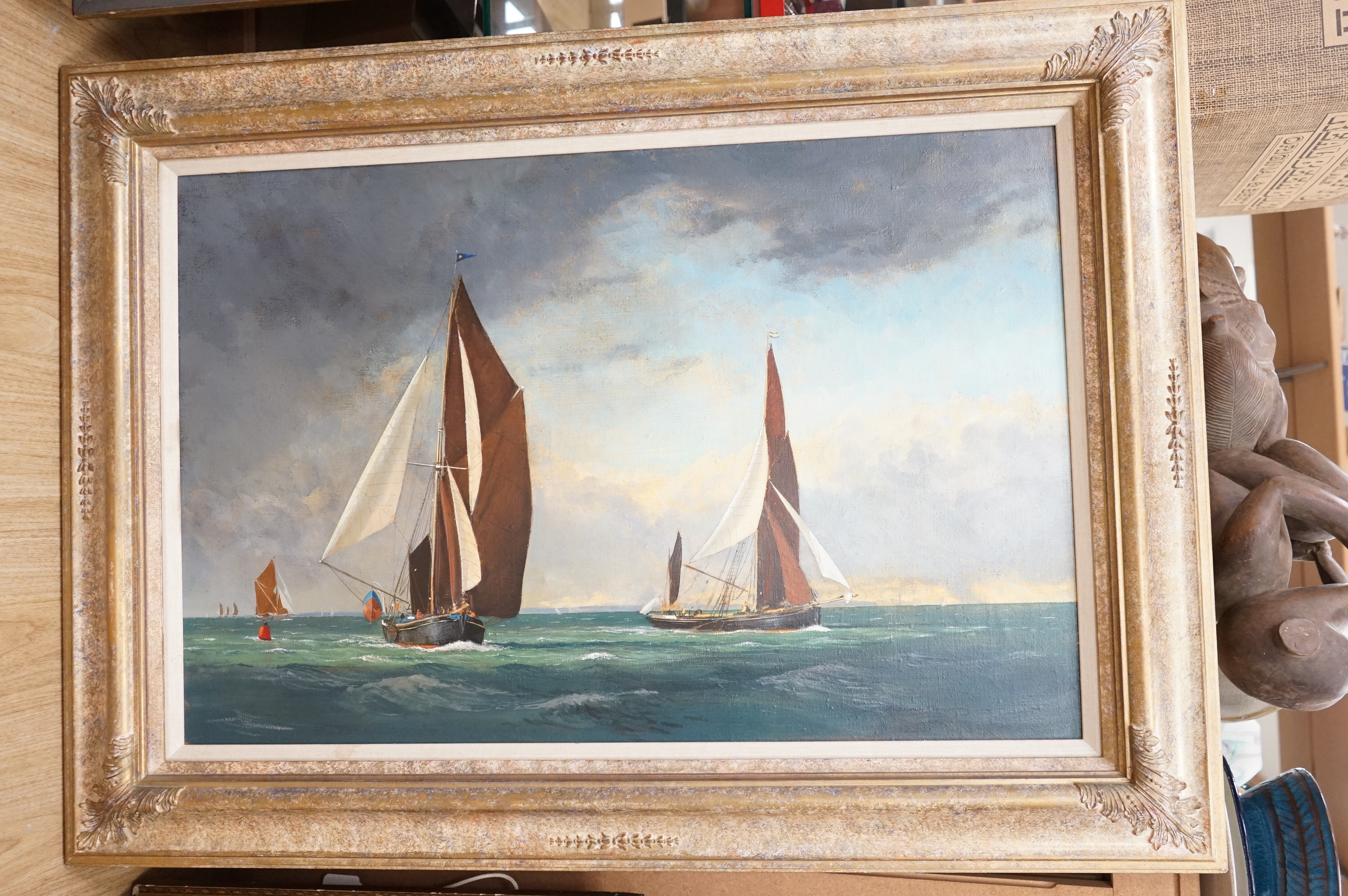 Anthony Flemming (Wapping Group, b.1936), maritime interest oil on canvas, ‘Swale Match, Passing Pollard Spit’, signed, 60 x 92cm, ornate frame